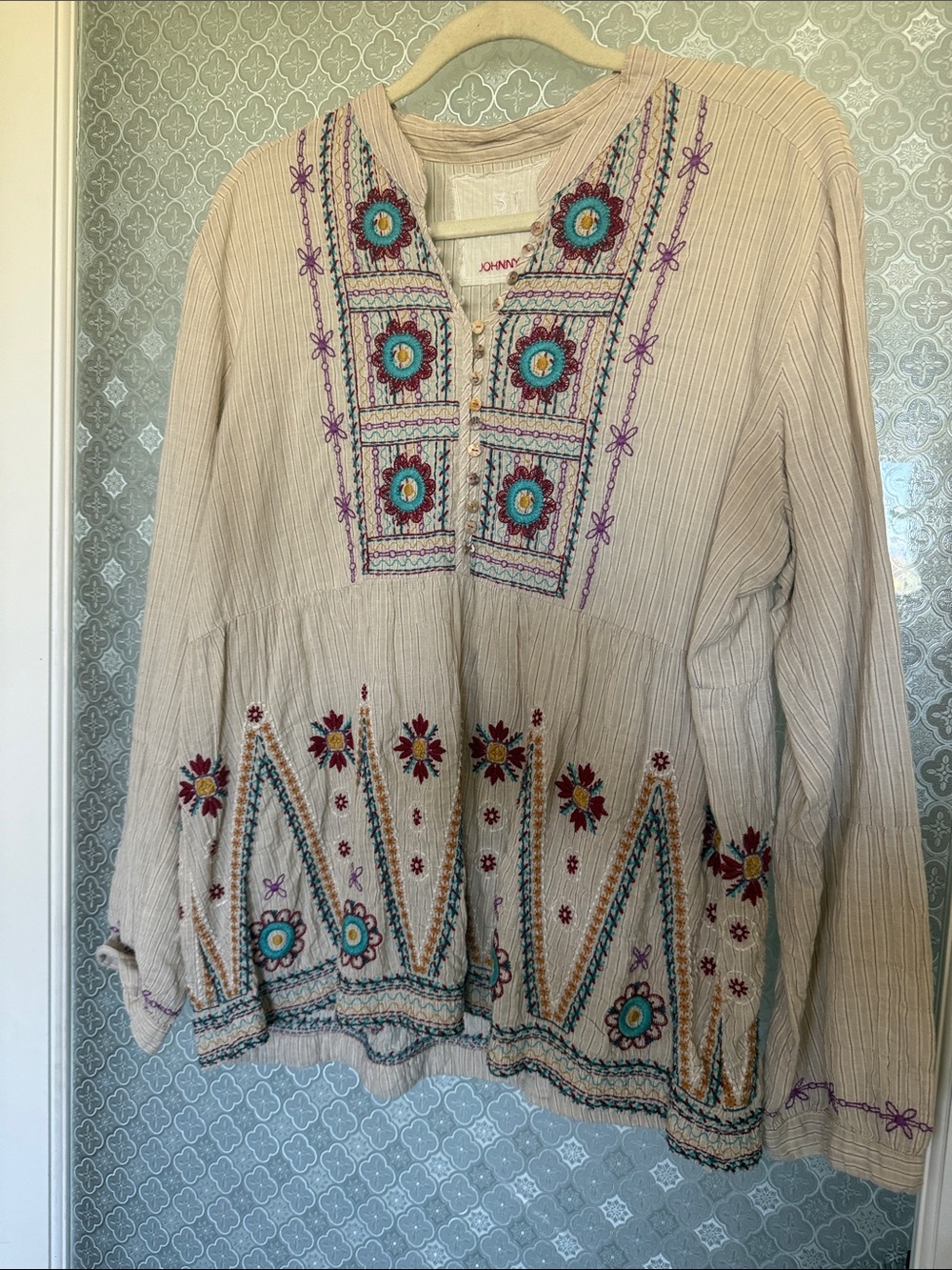 Johnny Was Cream Embroidered Peasant Tunic with Turquoise & Purple Accents